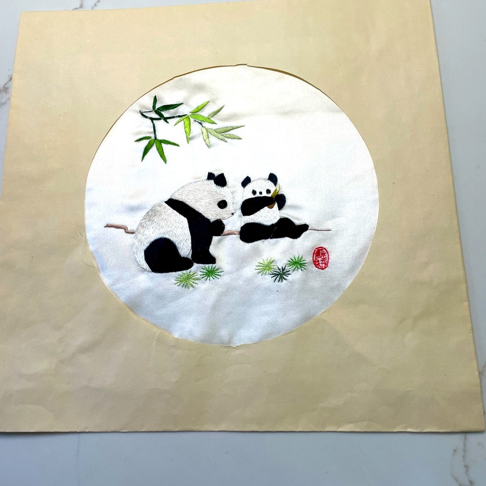 🐼Handmade Two Pandas on satin ready for framing.